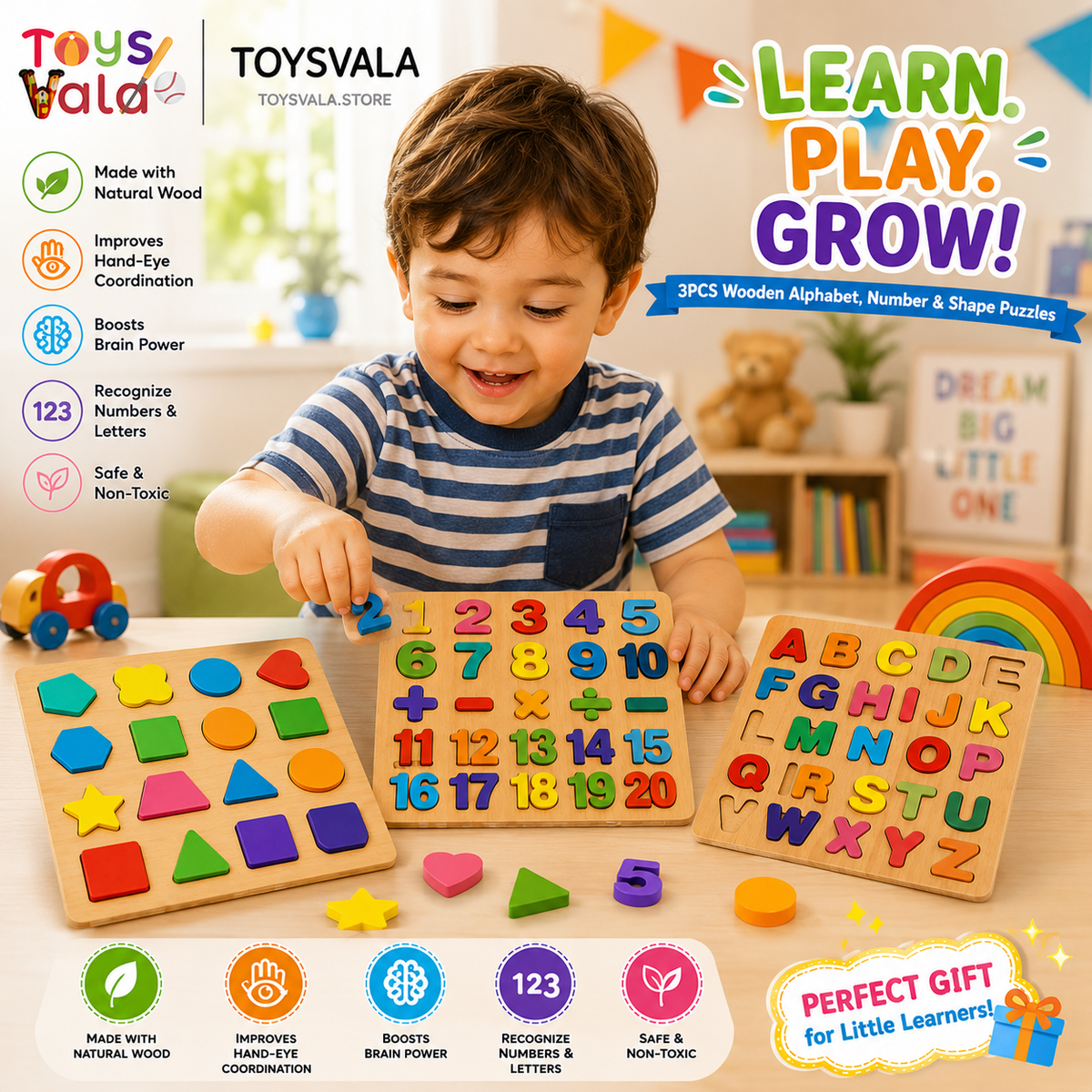 3PCS Wooden Alphabet Number Shape Puzzles for Toddlers