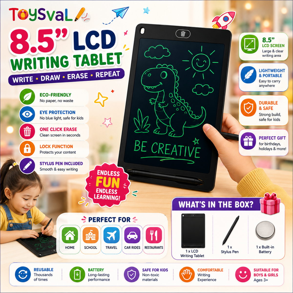 MagicDoodle™ 8.5" Reusable LCD Writing & Learning Tablet for Kids | Erasable Drawing Pad with Stylus