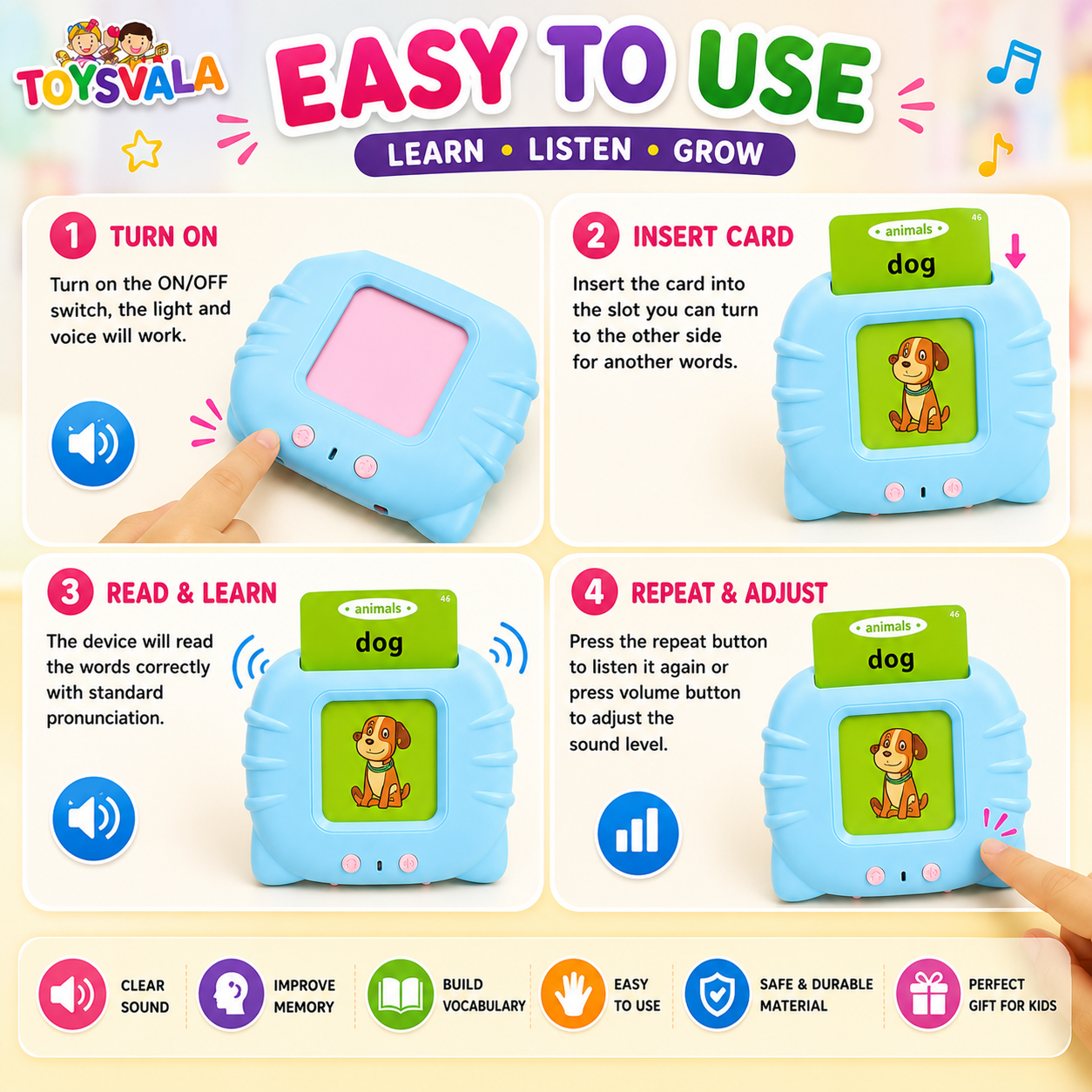 Talking Flash Cards Learning Toy for Kids – 112 Double-Sided Cards, 224 Words Educational Speech Learning Device