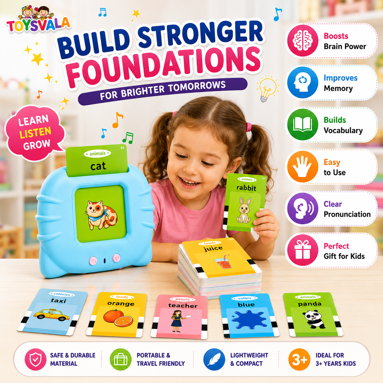 Talking Flash Cards Learning Toy for Kids – 112 Double-Sided Cards, 224 Words Educational Speech Learning Device