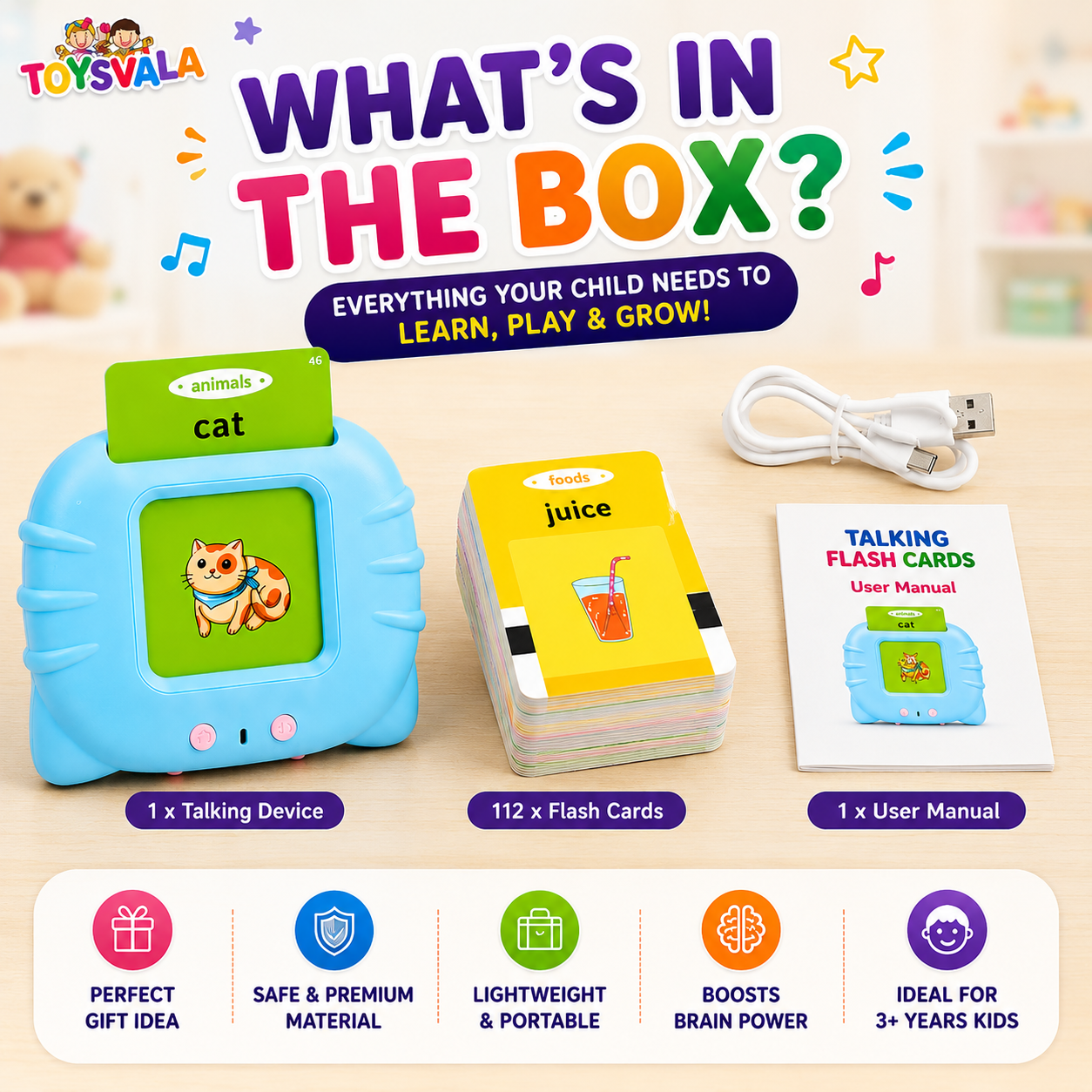 Talking Flash Cards Learning Toy for Kids – 112 Double-Sided Cards, 224 Words Educational Speech Learning Device