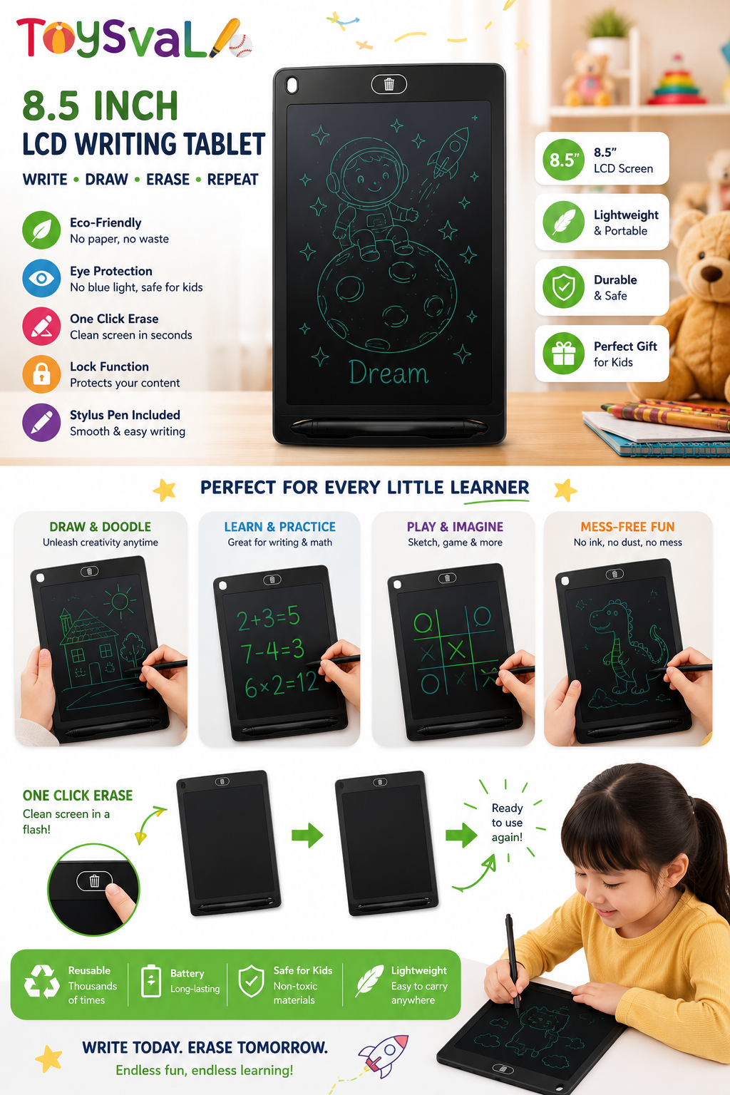 MagicDoodle™ 8.5" Reusable LCD Writing & Learning Tablet for Kids | Erasable Drawing Pad with Stylus
