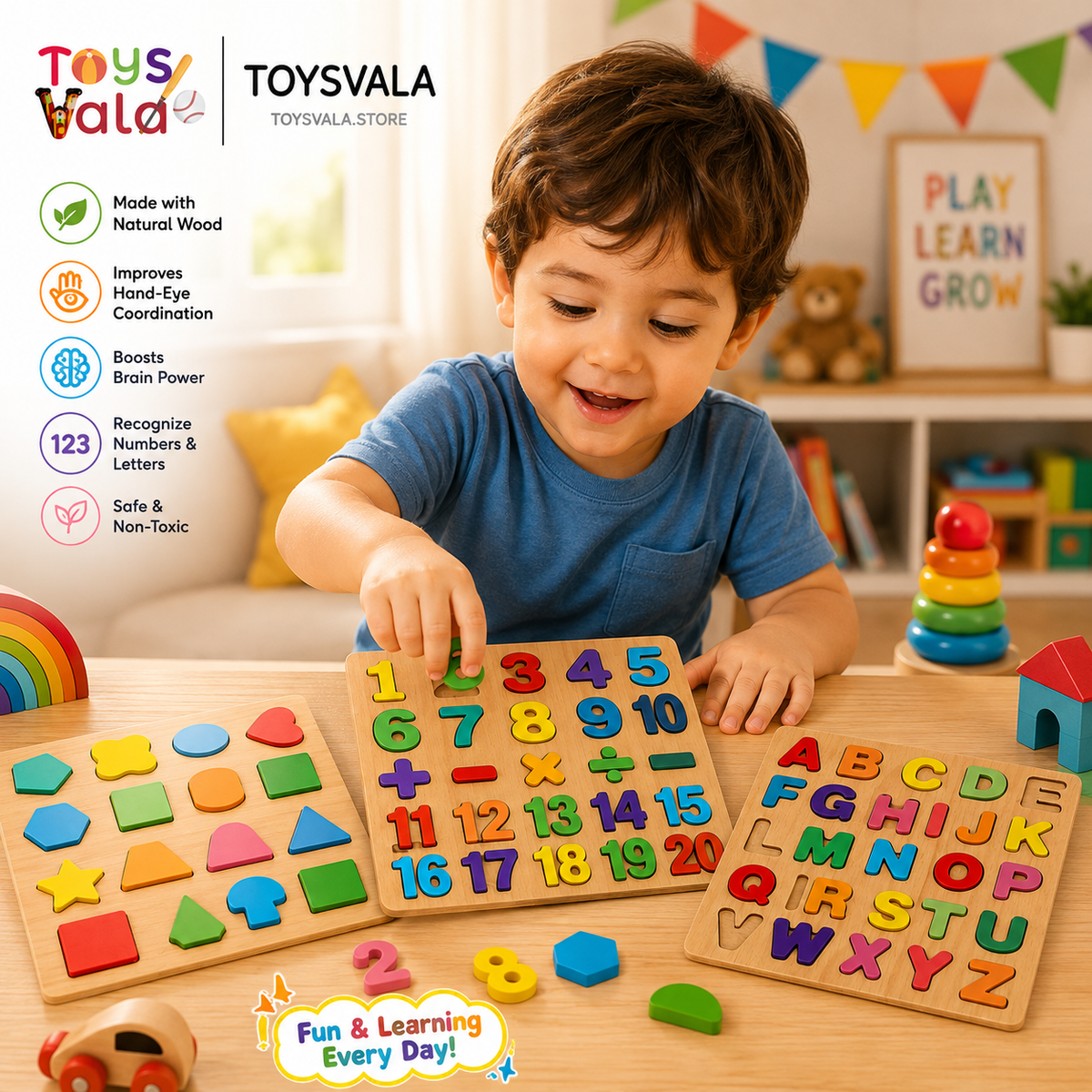 3PCS Wooden Alphabet Number Shape Puzzles for Toddlers