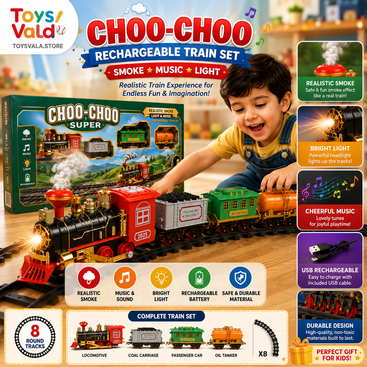 Kids Express Rechargeable Train Set -Realistic Smoke, Music & LED Lights