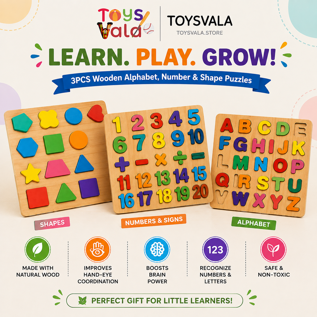 3PCS Wooden Alphabet Number Shape Puzzles for Toddlers