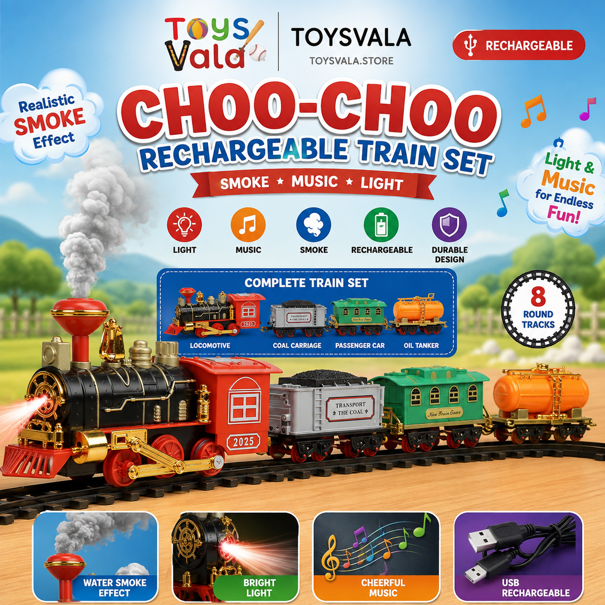 Kids Express Rechargeable Train Set -Realistic Smoke, Music & LED Lights